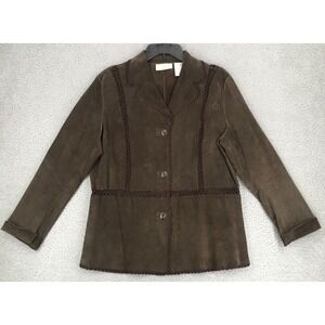 White Stag Leather Jacket L 12/14 BoHo Long Sleeve Crochet Lace Accents Brown